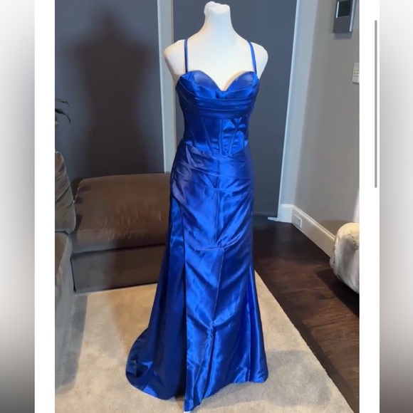 💎Women’s Blue Full Length Prom Dress CrissCross Corset Straps Leg Slit NEW✨ - Picture 7 of 9